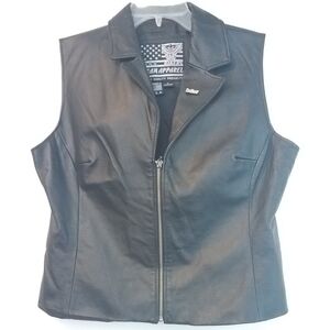 Black Zip Front Vintage Leather Biker Vest Women’s Size L Sleeveless Moto Jacket